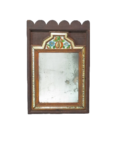 Early-19th-century courting mirror with painted crest and rectangular glass.