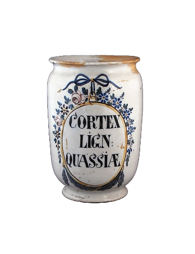 Late-18th-century ceramic apothecary jar labeled for quassia bark.