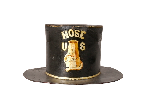 Early-19th-century pressed-felt stovepipe parade hat painted red with a fire-company emblem.