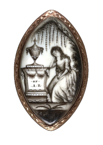 Oval mourning locket with watercolor miniature of a grieving figure beneath a willow tree beside a funerary urn.