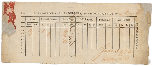 Printed 1773 postmaster’s bill from the Philadelphia Post Office with columns and ink annotations.