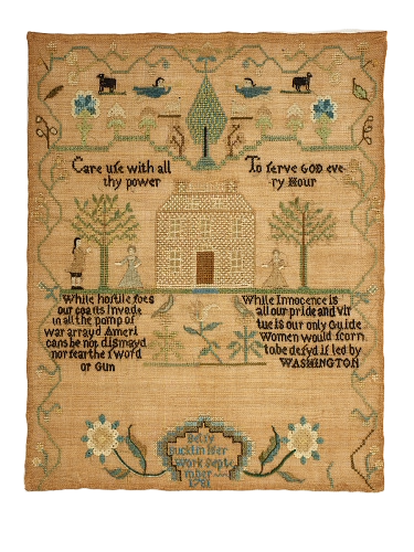Betsy Bucklin’s 1781 needlework sampler from Providence, with a house, floral borders, and stitched verse.