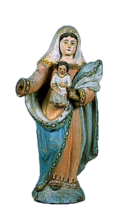 Small carved wooden Virgin-and-Child santo from 18th-century Puerto Rico.